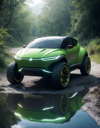 A robust green SUV showcases its strength and readiness for adventure, mirrored in a forest puddle. It stands ready to conquer untamed trails.の素材