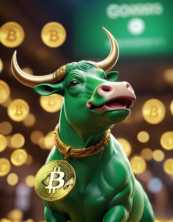A majestic green bull adorned with a golden Bitcoin necklace stands proudly, symbolizing a thriving cryptocurrency market. Behind it, Bitcoin symbols rain down like confetti, evoking a sense of wealth and prosperity. AI Generativeの素材