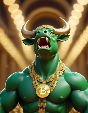 A formidable green bull, symbolizing a bullish market trend, roars with confidence, adorned with golden jewelry and a Bitcoin medallion. The grand hall behind echoes the luxury and opulence associated with crypto wealth. AI Generativeの素材