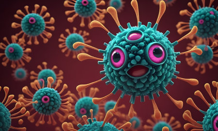 A whimsical depiction of a virus, anthropomorphized with bright eyes and a surprised expression. The virus floats among others against a deep red backdrop, portraying a microscopic world with a playful twist. AI Generativeの素材