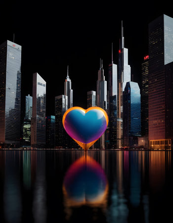 The heart glows with a soft gradient, contrasting against the crisp lines of city towers at night. Its reflection on the waters surface adds a touch of serenity to the urban landscape.の素材