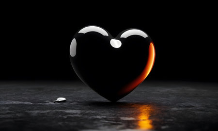 A solitary heart-shaped object radiates an orange glow against a dark backdrop, symbolizing warmth in darkness. Its smooth surface reflects a mysterious light, hinting at hidden depths within.の素材