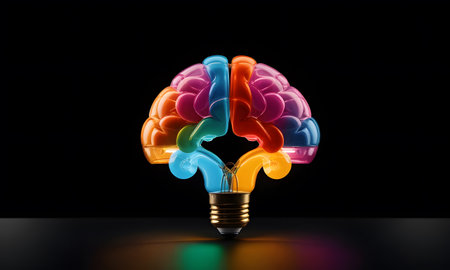 A single lightbulb with a divided colorful brain illustration demonstrates the union of logic and creativity. The clear halves symbolize a balanced mind, set against a sleek, dark backdrop.の素材