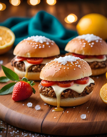 Three mini burgers with sesame buns, adorned with melty cheese and fresh tomato slices, are set against a festive background with warm lights. The sprinkling of coarse salt adds a gourmet touch to the scene.の素材