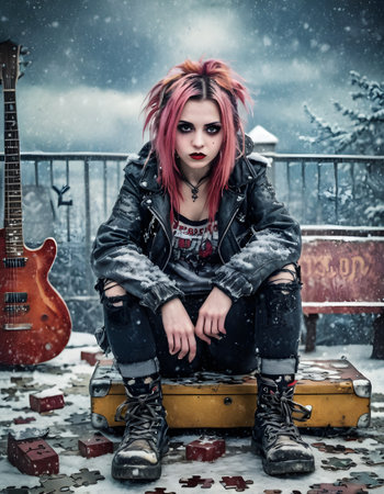 In the midst of a snowy setting, a punk woman sits on a vintage suitcase, surrounded by puzzle pieces. Her defiant poise belies the cold around her.の素材