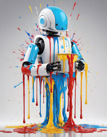 This futuristic robot is drenched in dripping red, blue, and yellow paint, juxtaposing technology with a burst of artistry. The paint-covered robot reflects a concept of creativity in the robotic era.の素材