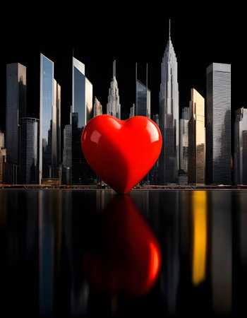 A solitary crimson heart adds a bold touch of passion to a monochrome cityscape, its reflection shimmering on the waters surface. The scene merges the heartbeat of the city with a symbol of love.の素材