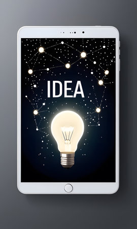 The screen of a tablet held in portrait orientation shows a sparkling light bulb connected to a constellation, portraying the concept of a sparking idea. It emphasizes the link between technology and creativity.の素材