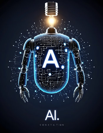 A robot with an AI circuit board pattern and light bulb, depicting the AI CONSTELLATION. This creative image represents the networked nature of artificial intelligence.の素材