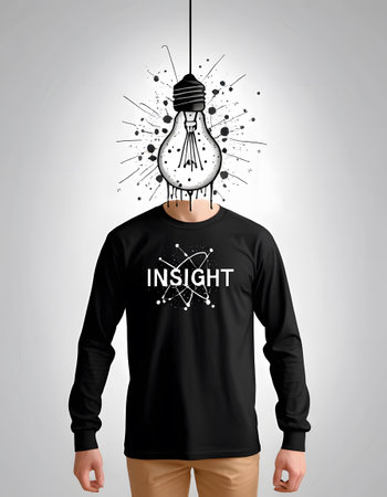 A man wearing a black t-shirt with a unique lightbulb head design stands against a grey background, showcasing a blend of modern style and conceptual art. The shirt exudes a creative and insightful vibe.の素材