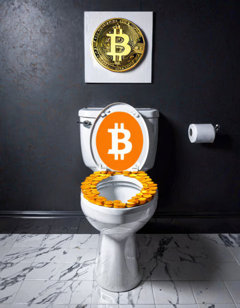 An orange Bitcoin symbol crowns a toilet filled with coins, against a dark bathroom backdrop, creatively critiquing the instability of digital currencies. The image reflects the risk and reward narrative of crypto investments.の素材