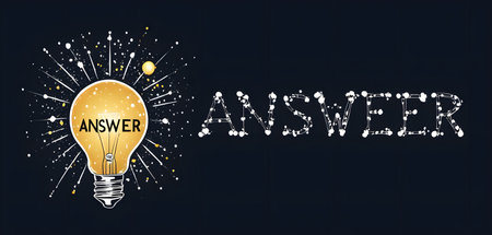 This image captures a lightbulb with rays of light, amidst a backdrop of paint splashes that spell out ANSWER. It symbolizes the moment of clarity and the emergence of answers.の素材