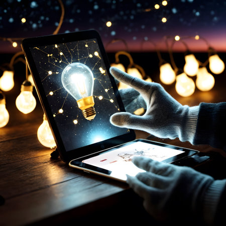 A pair of hands navigate a light bulb interface on a tablet, surrounded by a cozy glow. This scene encapsulates the warmth of technology in personal settings.の素材