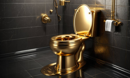 A luxurious gold-plated toilet stands prominently against a dark tiled bathroom wall, embodying opulence and extravagance. The contrasting colors highlight the toilets unique design and the bathrooms high-end finishes.の素材