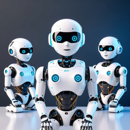 Four humanoid robots present with digital eyes, symbolizing the integration of advanced vision systems in AI. Their sleek design conveys a high-tech essence.の素材