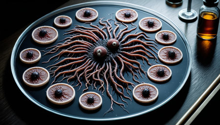 A meticulously crafted octopus design, formed with chocolate pieces on a platter, evokes a sense of oceanic artistry. This creative presentation blends culinary skill with a visual spectacle, perfect for themed events.の素材