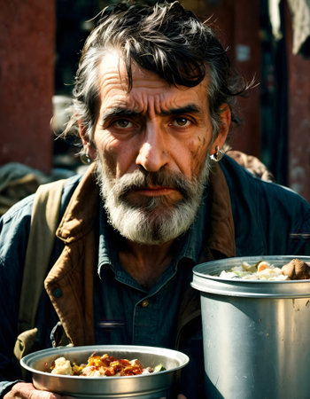 An elderly man with deep-set eyes holds a bowl of food, his weathered face telling a story of lifes trials. His piercing gaze captures the essence of human endurance and the stark reality of hardship.の素材