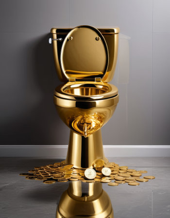 A plush golden toilet is surrounded by a heap of coins, symbolizing extreme wealth. The image portrays a fusion of function and financial opulence.の素材