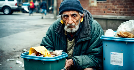 An elderly man in a green jacket looks on somberly while seated by blue garbage bins. The scene captures the harsh reality of urban poverty and neglect.の素材