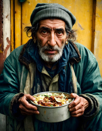 An elderly man stares deeply into the camera, clutching a bowl filled with a modest meal, set against a backdrop of faded yellow walls. His facial expression conveys a raw, unfiltered reality of lifes toughness.の素材
