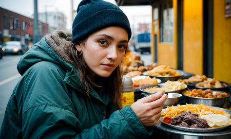 A young woman with a contemplative expression dines on street food, surrounded by an array of dishes. The vibrant city life unfolds behind her as she takes a moment to enjoy her meal.の素材