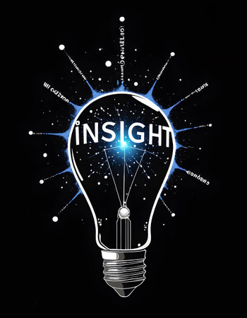 Graphic design of a lightbulb with a radiant Insight label on a pure black background, surrounded by creative spark elements. The design symbolizes a burst of creativity and knowledge.の素材