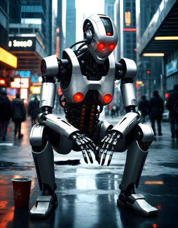 A robot sits on a wet city sidewalk, seemingly in contemplation, with a discarded coffee cup at its feet. The contrast of life and artificial intelligence is poignant in the empty streets.の素材