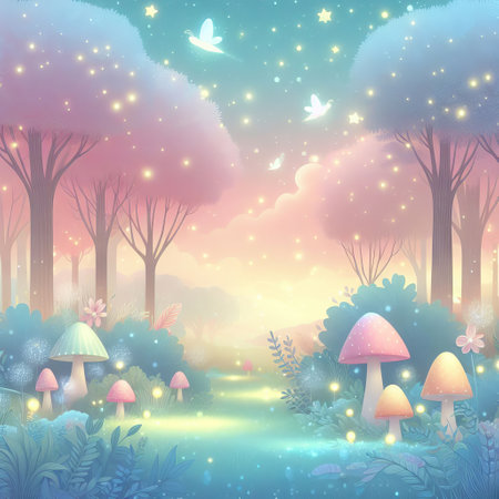 A magical dreamscape of an enchanted forest with glowing mushrooms and fluttering butterflies. The serene scene is filled with twinkling stars and soft hues.の素材