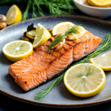 Grilled salmon with the perfect sear is complemented by fresh lemon and herbs on a dark plate. The dish balances elegance and simplicity.の素材