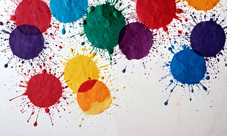 Vivid splashes of paint explode across a white wall, symbolizing a burst of creativity and color. The dynamic array of hues inspires imagination.の素材