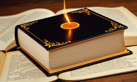 The central flame atop this open book suggests a secret being unveiled or a tale coming to life. Its ornate cover hints at the rich history within the pages.の素材