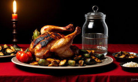 A roasted chicken on a platter exudes a homely essence, accompanied by grilled vegetables. The warm glow of a candle sets a serene ambiance for a sumptuous meal.の素材