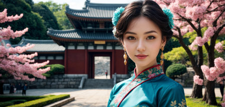 An elegant woman in traditional attire poses before a historic temple, with cherry blossoms framing the serene scene. Her poised demeanor mirrors the tranquil beauty of spring.の素材