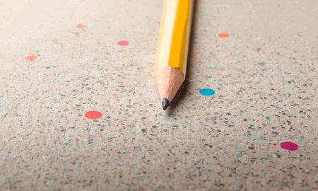 A solitary yellow pencil lies on a speckled surface, surrounded by subtle pops of color. The simplicity of the scene highlights the potential of a single idea.の素材