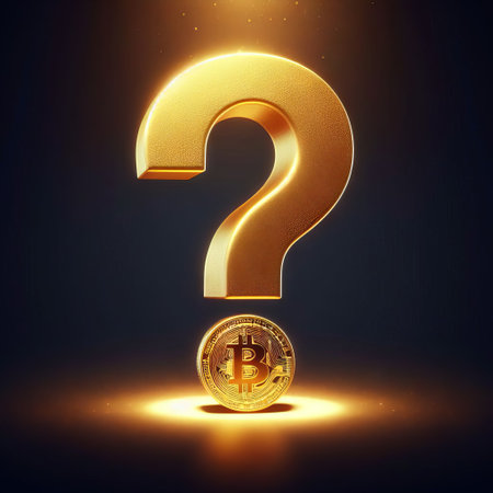 A golden question mark illuminated from behind looms over a Bitcoin coin, casting a glow that symbolizes the mystery and speculation surrounding cryptocurrency. The image evokes questions about the future and stability of digital currencies.の素材