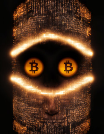 A mask glowing with digital code embodies the enigma of Bitcoin. Its eyes, imprinted with the iconic Bitcoin symbol, suggest a world where cryptocurrency is a pervasive force.の素材
