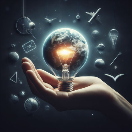 A creative image depicting a hand holding a lightbulb with an illuminated Earth inside, surrounded by various symbols of innovation and knowledge in a dark space. This artwork symbolizes the power of ideas and the global impact of enlightenment.の素材