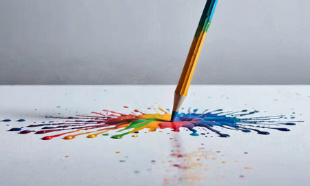 A single paintbrush sends a spectrum of colored paint splattering in a dynamic burst against a white backdrop, encapsulating the energy of artistic creation. The image conveys the sudden release of creativity and color.の素材