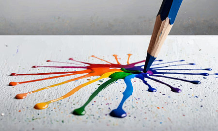 A blue pencil breaks the silence on a white background, unleashing a splash of multicolored paint. The scene evokes the power of creation and the start of artistic ventures.の素材