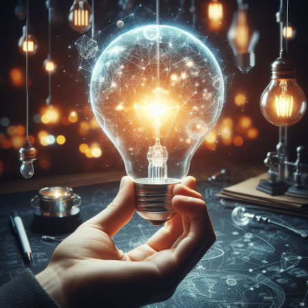 A hand cradles a glowing lightbulb filled with dynamic connections, symbolizing the spark of innovation and interconnected ideas. The backdrop of vintage sketches and dimly lit bulbs adds a touch of the evolution of ideas through time.の素材