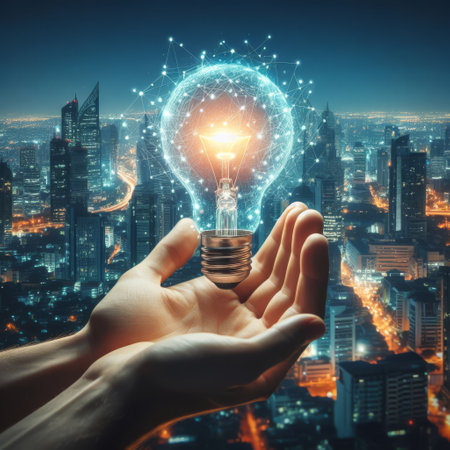 A hand holds a lightbulb encapsulating a futuristic cityscape, suggesting the bright ideas that fuel urban development and the vision for sustainable cities. It embodies innovation in modern living.の素材