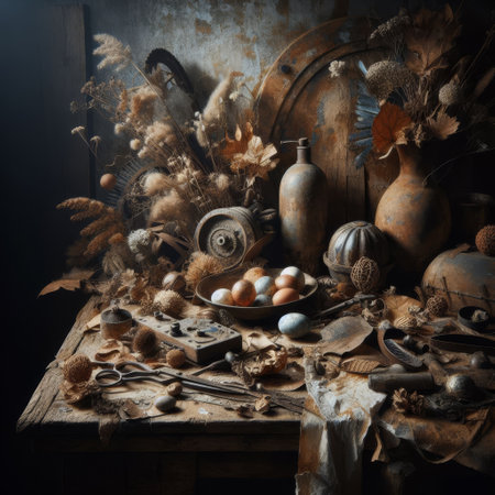 A moody still life captures the essence of a bygone era with rustic tools, worn pottery, and a blend of dried flora. The setting evokes a sense of nostalgia and the timeless beauty of simplicity.の素材