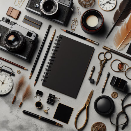 An artistic flat lay of photography equipment and personal items, organized meticulously on a textured surface. The scene is a haven for creativity and craftsmanship.の素材