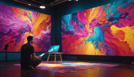 Artist Contemplating Vibrant Abstract Artの素材