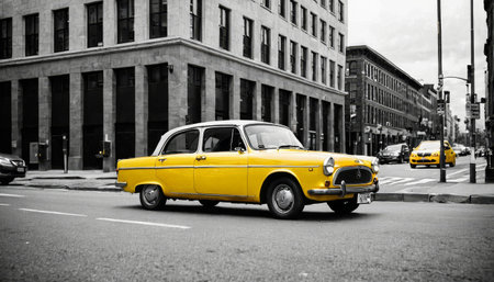 Vintage Yellow Car in Monochrome Cityの素材