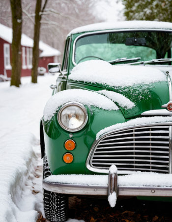 Green Vintage Car Snowy Dayの素材