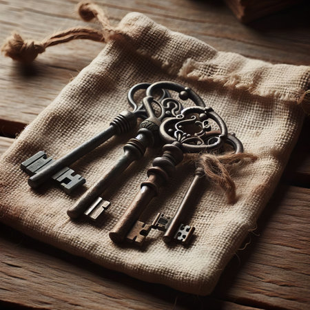 Old Keys Collection on Wooden Surfaceの素材