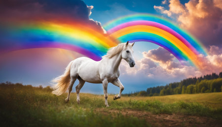 Prancing White Horse under Rainbowの素材