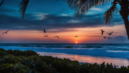 Sunset Flight Over Tropical Beachの素材