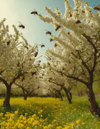 Bees Pollinating in Blossoming Orchardの素材